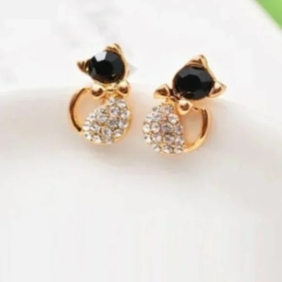 NEW Cat Stud Earrings – Black & Gold Cute Jewelry - Picture 1 of 2